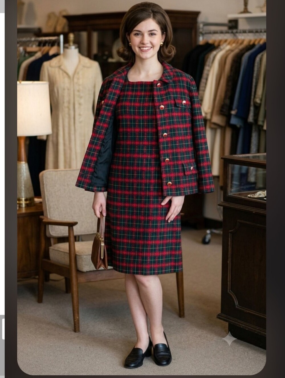 Vintage 60s Heatherton Red Green Plaid Wool Jacket Sweater Dress Set Small